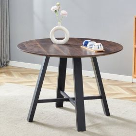 Modern Minimalist Round Dining Table And Coffee Table. 42 Inch Diameter MDF Table Top, Deep Wood Grain Table Top, Black Metal Legs, Fits Home & O