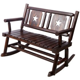 Outdoor Solid Wood Rocking Chair Bench Carbonized Double Rocking Chair For 2 People With Wide Curved Seat For Porch, Garden, Backyard, Rustic Bro
