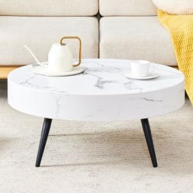 31.5 White Marble-Patterned MDF Round Coffee Table With Black Metal Legs.Adjustable Feet,Coffee Table,Round Table Design,MDF Material,White Marbl