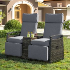 Terrace Lounge Chair Double Sofa, Adjustable Backrest Willow Outdoor Leisure Chair Set, Equipped With Acacia Wood Armrests And Built-in Storage T