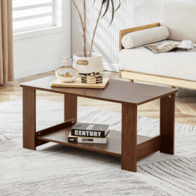 Modern Minimalist Walnut Colored Double Layered Rectangular Coffee Table ,tea Table.MDF Material Is More Durable,Suitable For Living Room, Bedroo