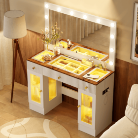 43.3 Vanity Desk With Large Mirror And Hollywood Bulbs, Modern Glass Top Makeup Vanity With Drawers And Power Outlet, Large Dressing Table With 3