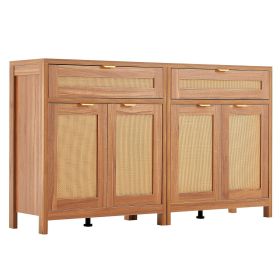 Rattan Cabinet with 4 Doors 2 Drawers Adjustable Shelves Set of 2 Natural