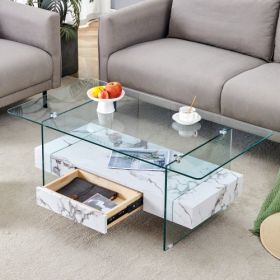 43.3 Inch Modern Two-Tier Coffee Table - Clear Tempered Glass And White Marble Texture, Multifunctional Storage Design.The Bottom Tier Includes A