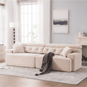 LY-029 APRICOT COMPRESSION SOFA 4-seater Combined Sofa, Wood Grain Chenille Fabric, Full Sponge Compression Sofa,combined Sofa With 2 Pillows For
