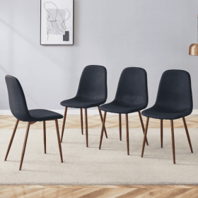 Luxury Simple Chair - Set Of 4 BLACK Linen-Cotton Material High Resilience Dining Chair With Metal Walnut Color Leg.Integral Metal Leg Architectu